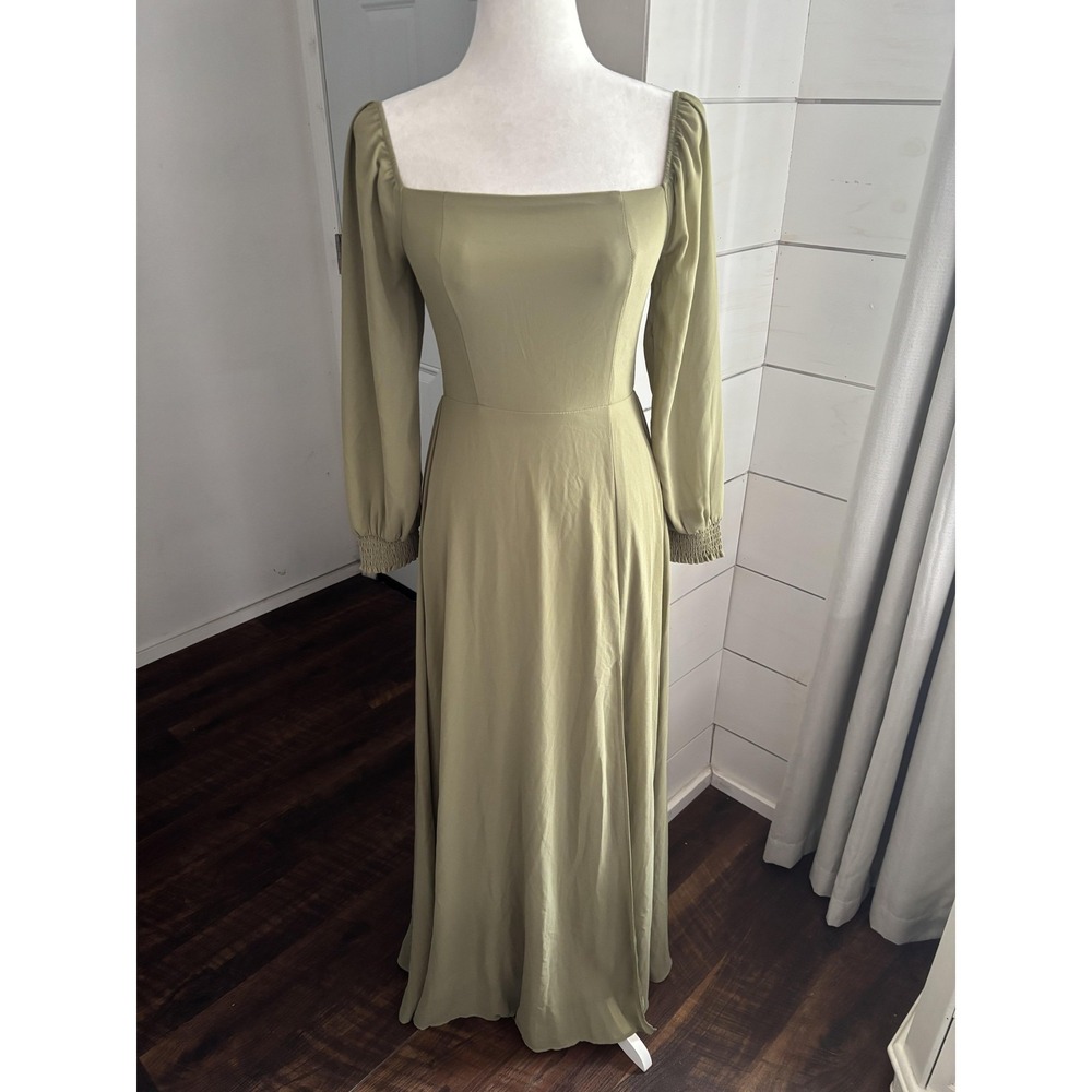 Baltic Born Olive Green Maxi Dress with Square Neck and Bishop Sleeves